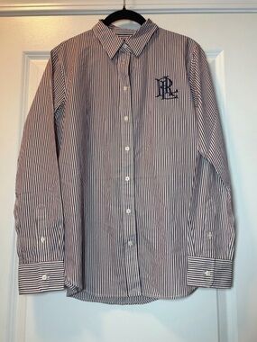Ralph Lauren Navy and White Striped Button-Down Dress Shirt